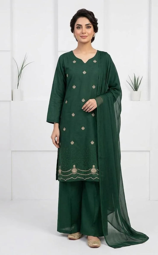 Elegant Green Embroidered Cotton Lawn 3 Piece Suit for Women – Chiffon Dupatta