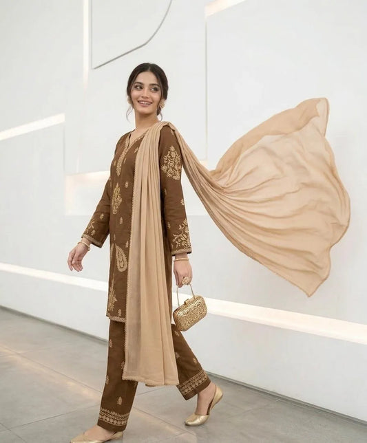 Elegant Brown Embroidered Cotton Lawn 3 Piece Suit for Women – Chiffon Dupatta
