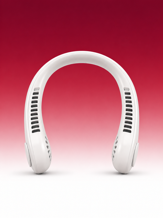 A white neck fan cooling device with vented side slots, shown from the front against a red-to-white gradient background.