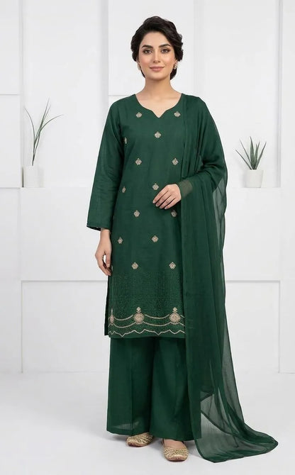 Elegant Green Embroidered Cotton Lawn 3 Piece Suit for Women – Chiffon Dupatta