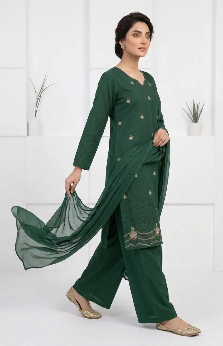 Elegant Green Embroidered Cotton Lawn 3 Piece Suit for Women – Chiffon Dupatta