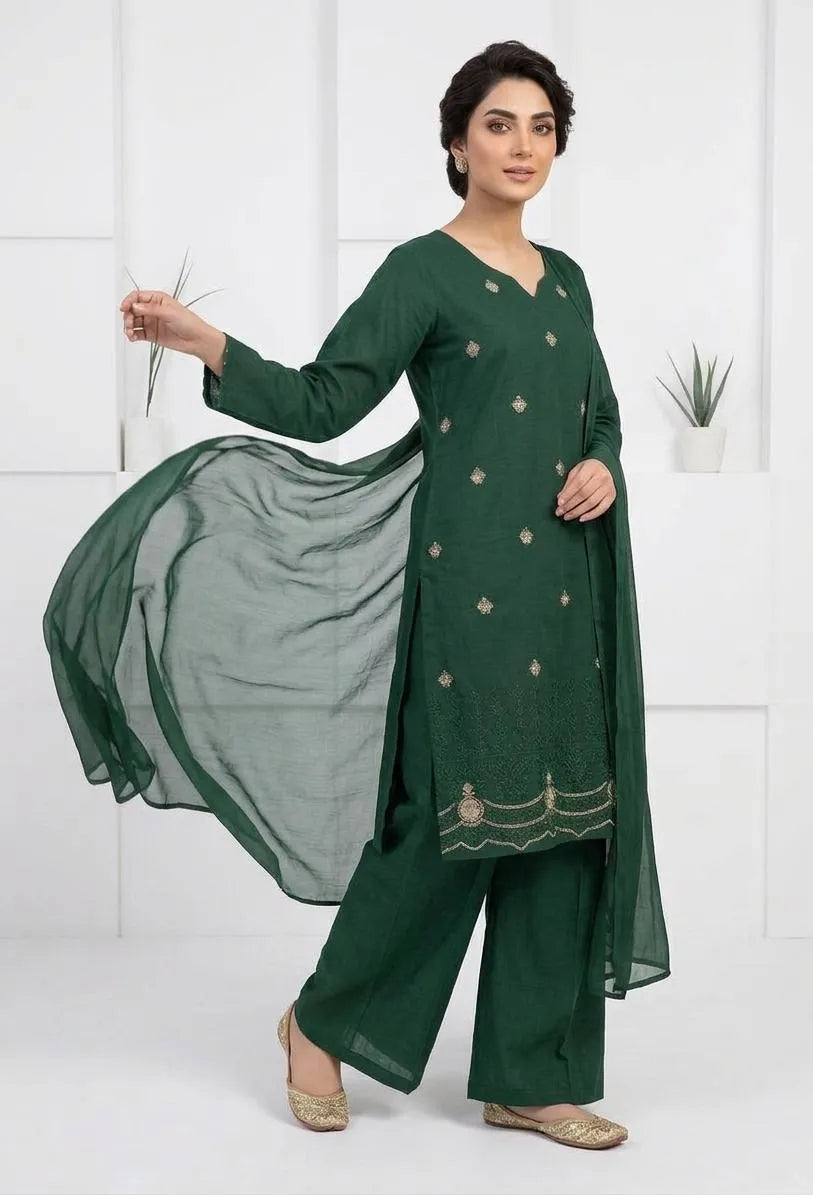 Elegant Green Embroidered Cotton Lawn 3 Piece Suit for Women – Chiffon Dupatta