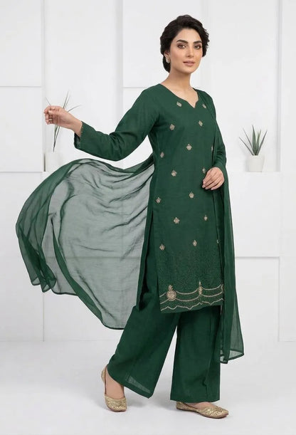 Elegant Green Embroidered Cotton Lawn 3 Piece Suit for Women – Chiffon Dupatta