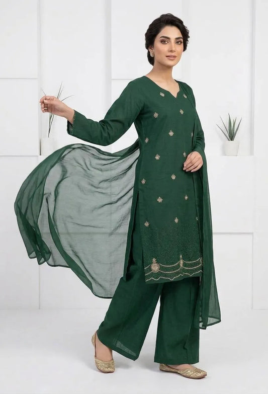 Elegant Green Embroidered Cotton Lawn 3 Piece Suit for Women – Chiffon Dupatta