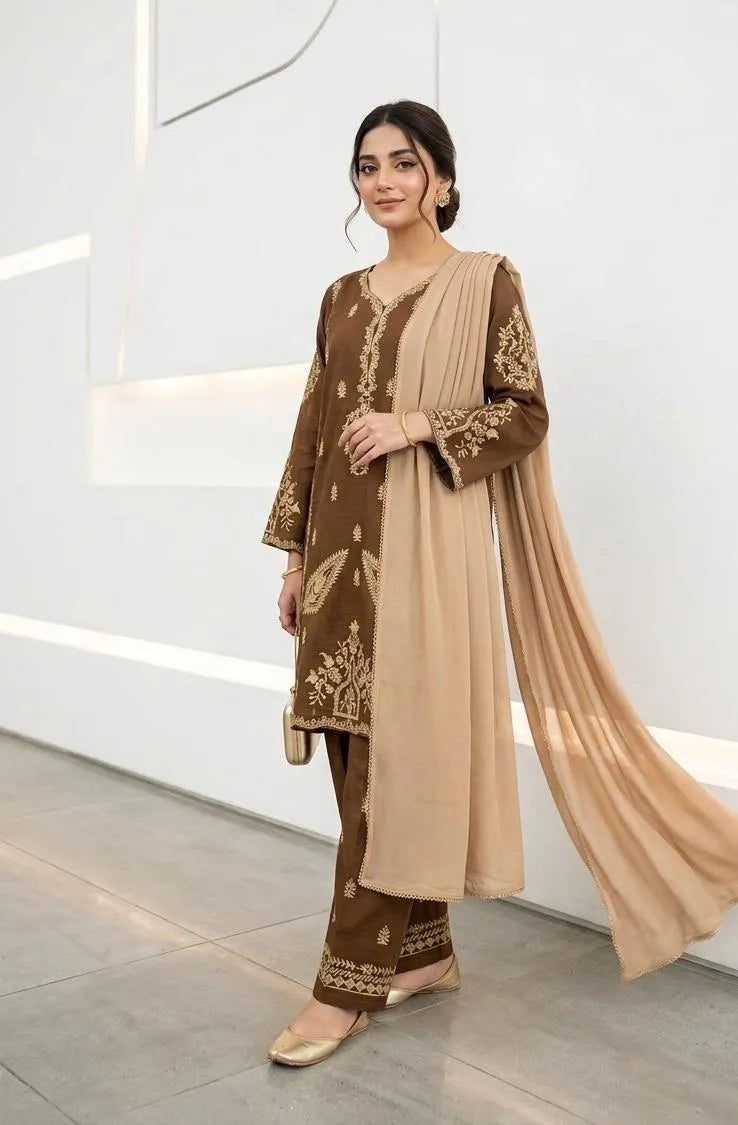 Elegant Brown Embroidered Cotton Lawn 3 Piece Suit for Women – Chiffon Dupatta