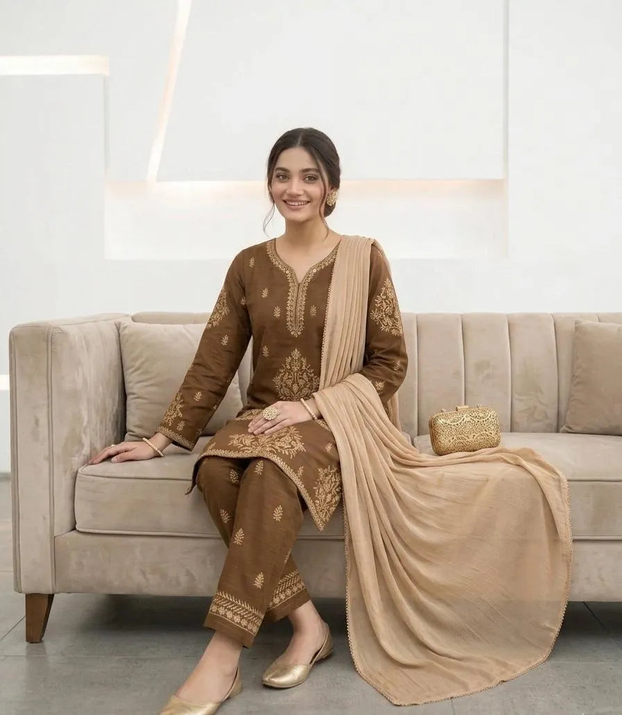 Elegant Brown Embroidered Cotton Lawn 3 Piece Suit for Women – Chiffon Dupatta