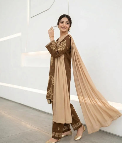 Elegant Brown Embroidered Cotton Lawn 3 Piece Suit for Women – Chiffon Dupatta