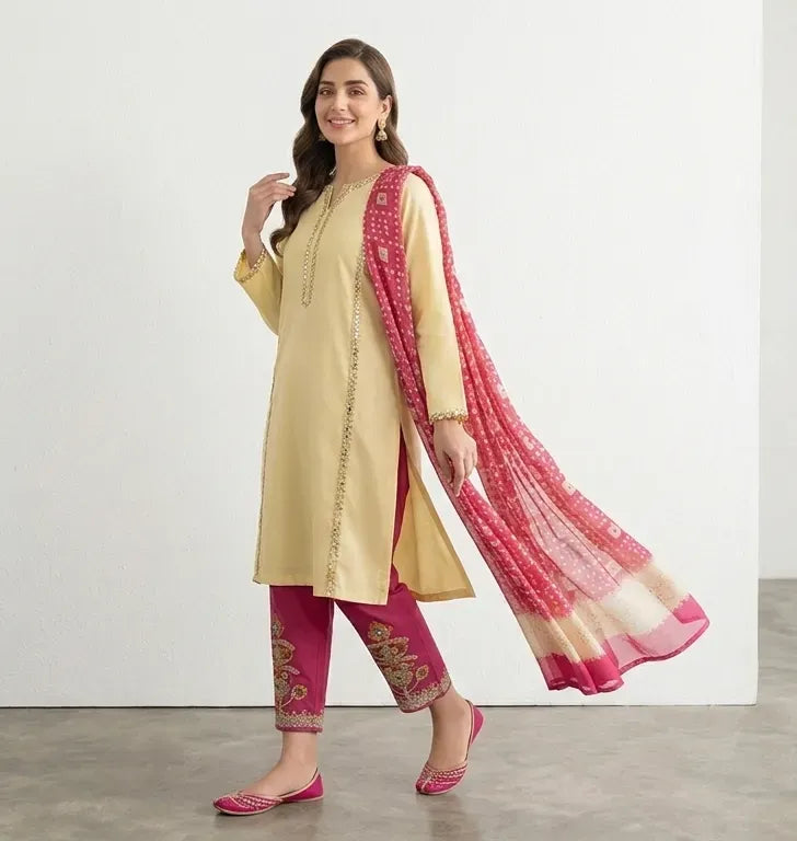 Elegant Pink Hand Work Cotton Lawn 3 Piece Suit for Women – Printed Chiffon Dupatta