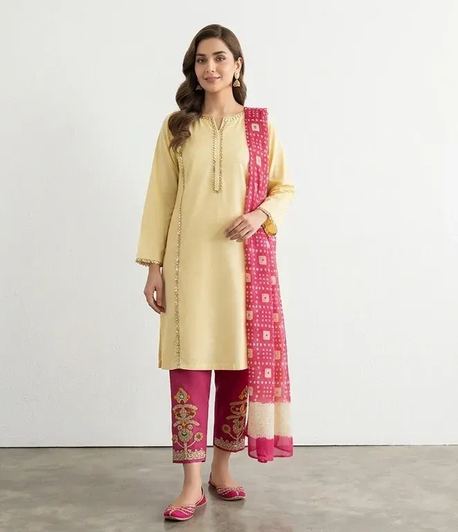 Elegant Pink Hand Work Cotton Lawn 3 Piece Suit for Women – Printed Chiffon Dupatta