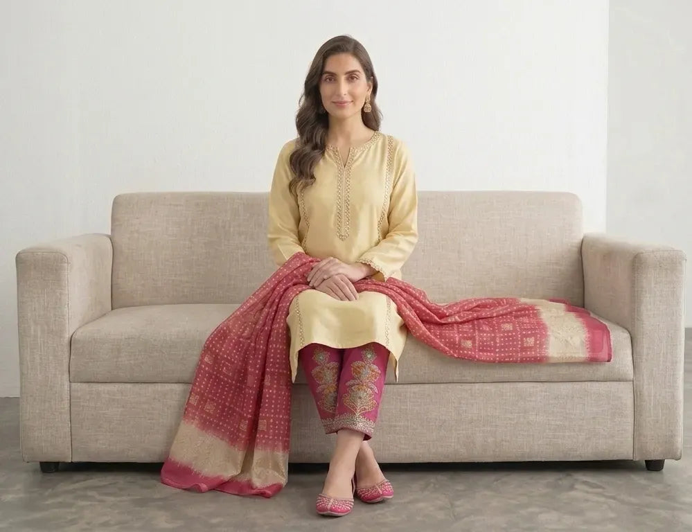 Elegant Pink Hand Work Cotton Lawn 3 Piece Suit for Women – Printed Chiffon Dupatta