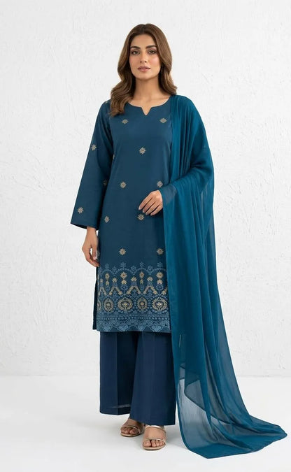 Turquoise Embroidered Cotton Lawn 3 Piece Suit With Chiffon Dupatta