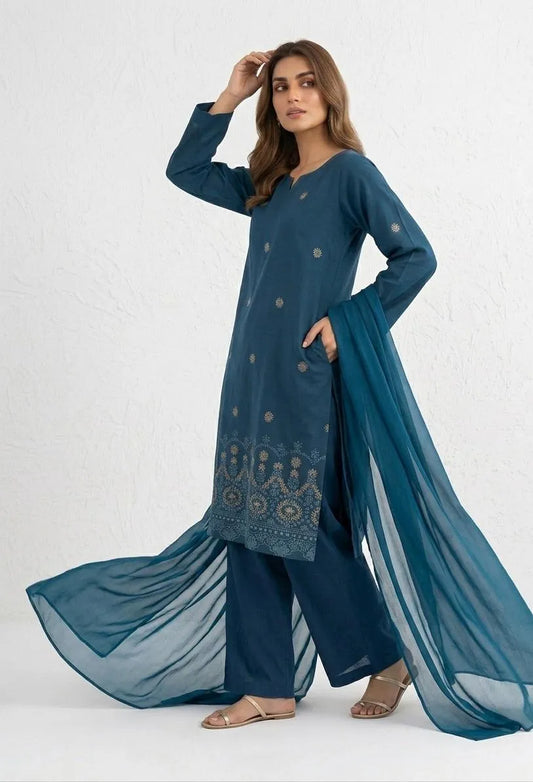 Turquoise Embroidered Cotton Lawn 3 Piece Suit With Chiffon Dupatta