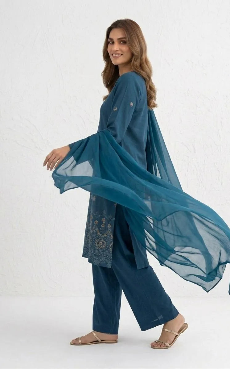 Turquoise Embroidered Cotton Lawn 3 Piece Suit With Chiffon Dupatta