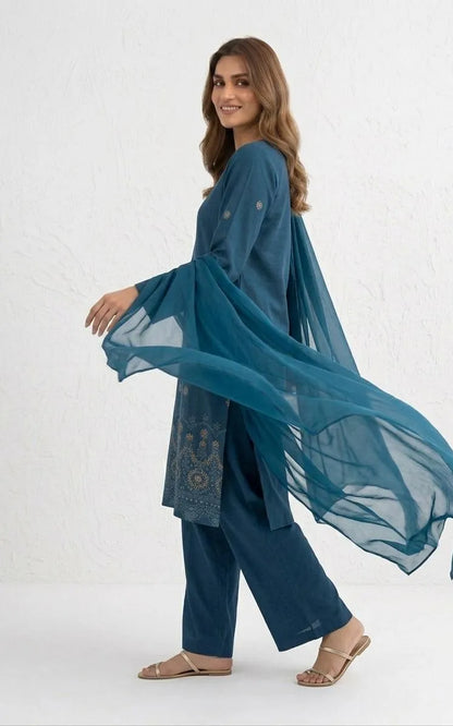Turquoise Embroidered Cotton Lawn 3 Piece Suit With Chiffon Dupatta