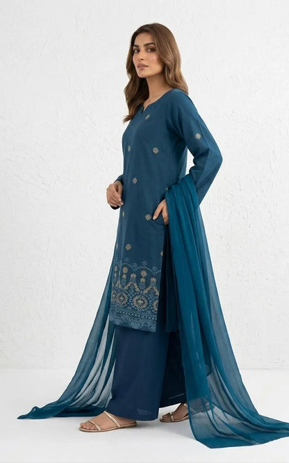 Turquoise Embroidered Cotton Lawn 3 Piece Suit With Chiffon Dupatta