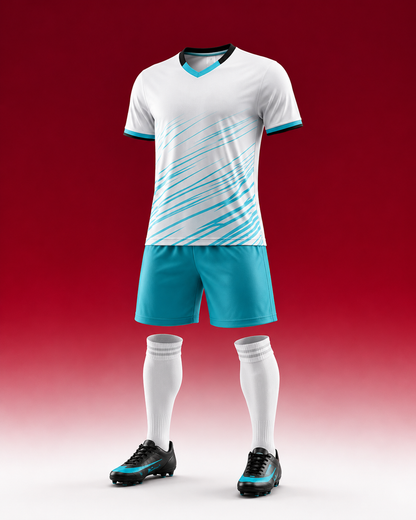 Premium Football Jersey Set Soccer Kit with Shorts & Socks displayed on a mannequin with a red background.