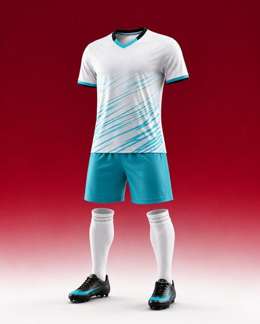 Premium Football Jersey Set Soccer Kit with Shorts & Socks displayed on a mannequin with a red background.
