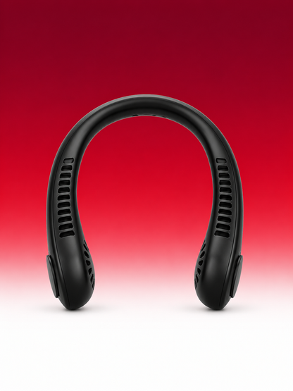 Black neckband-style rechargeable Neck fan with vented side panels, shown centered against a red-to-white gradient background.