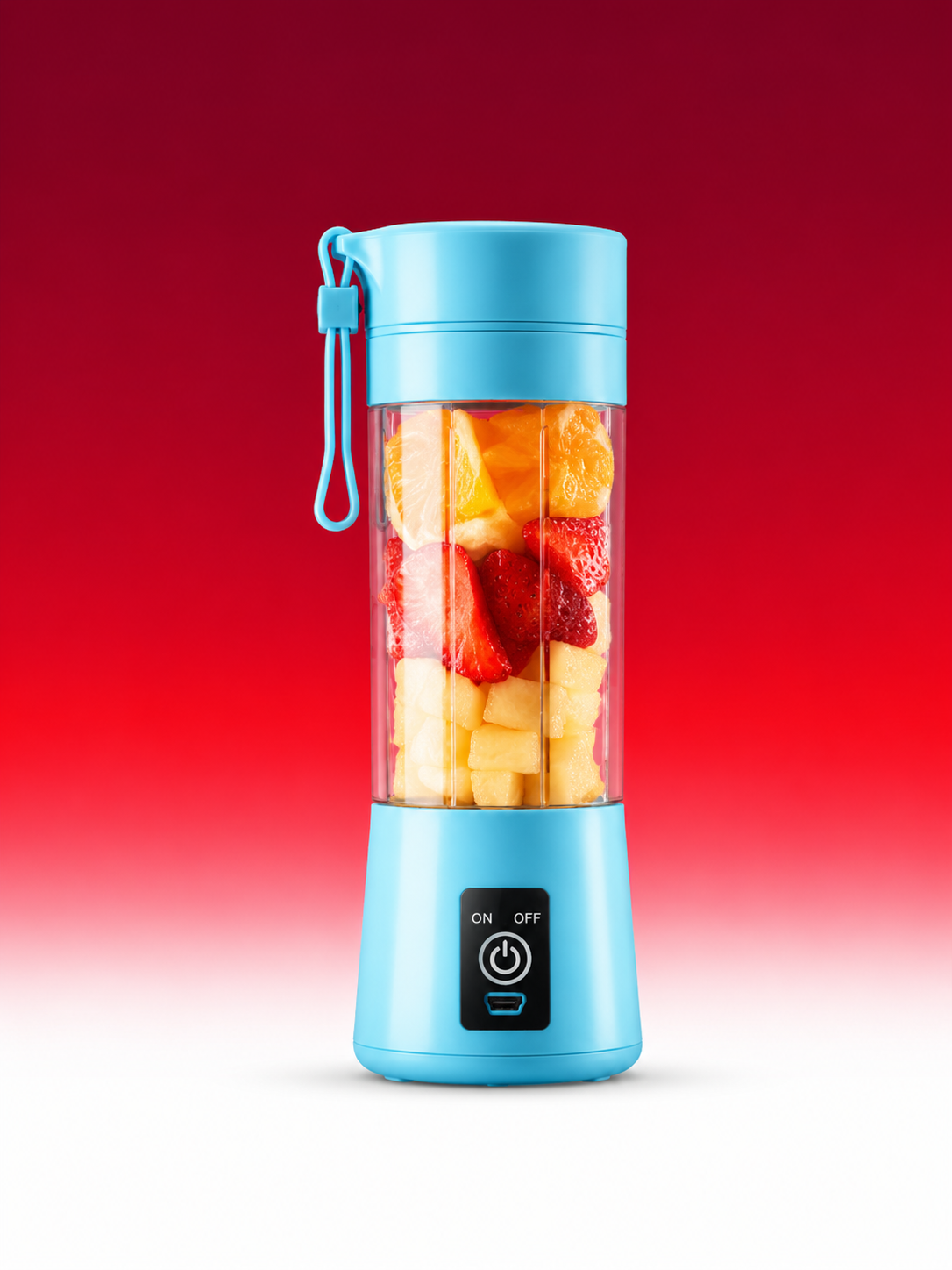 A portable electric blender with a light blue base and lid, filled with fruit pieces including strawberries and pineapple, set against a red-to-white gradient background.