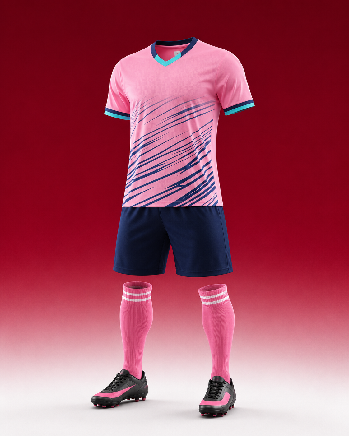 Premium Football Jersey Set | Soccer Kit with Shorts & Socks in pink and navy with matching socks.