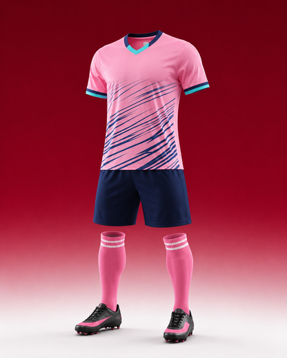 Premium Football Jersey Set | Soccer Kit with Shorts & Socks in pink and navy with matching socks.