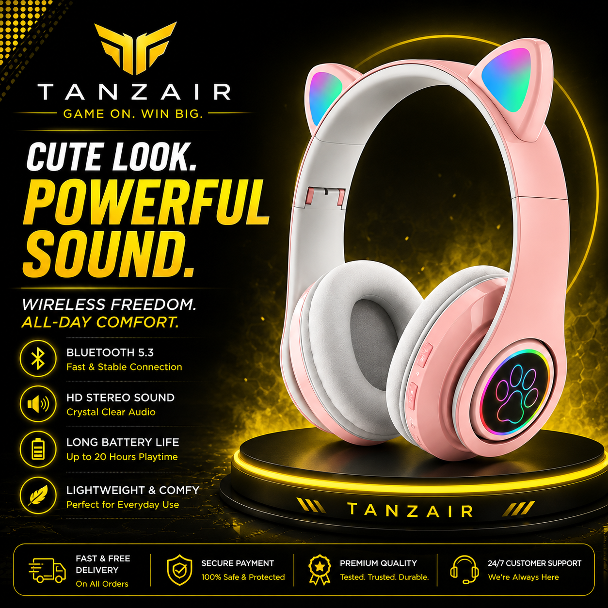 TANZAIR RGB Cat Ear Wireless Bluetooth Headphones – Cute Gaming Headset with HD Stereo Sound