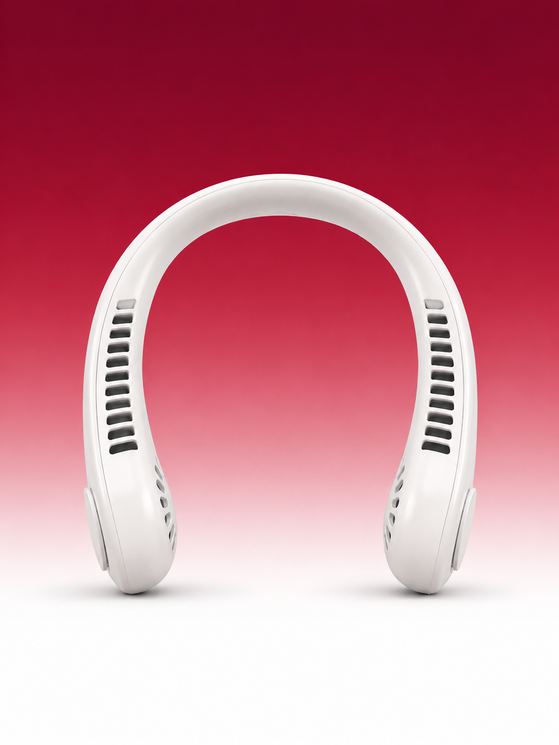 A white neck fan cooling device with vented side slots, shown from the front against a red-to-white gradient background.