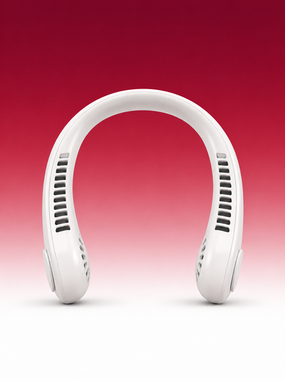 A white neck fan cooling device with vented side slots, shown from the front against a red-to-white gradient background.