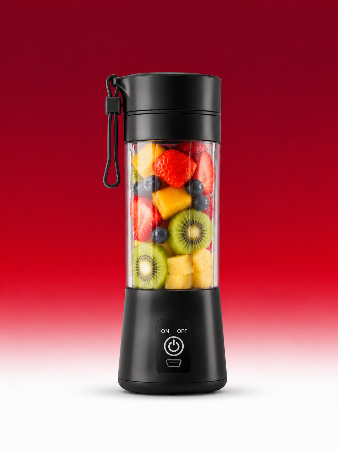 A black portable blender bottle filled with fresh fruit, including strawberries, kiwi, blueberries, and pineapple, set against a red gradient background.