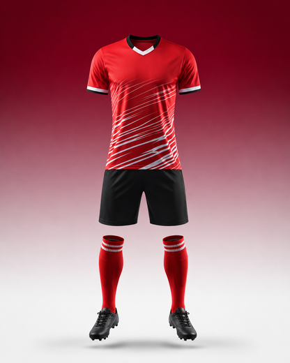 Premium red football jersey set with black shorts, red socks, and football boots for training and matches – TANZAIR