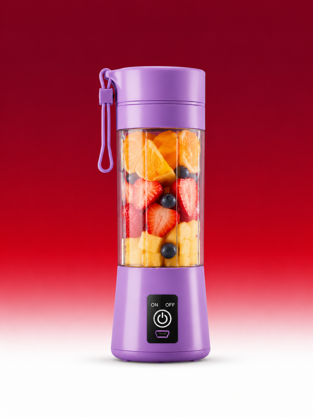 A purple portable blender with a clear cup filled with sliced fruit, including strawberries, blueberries, and pineapple, set against a red-to-white gradient background.