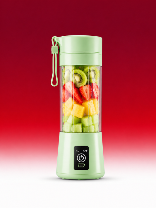 A light green portable electric blender with a clear cup filled with sliced kiwi, strawberries, and fruit pieces, set against a red gradient background.